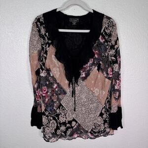 Vintage Nostalgia Top Womens XXL Patchwork Floral Ruffle Tie Boho Blouse NEW 2X